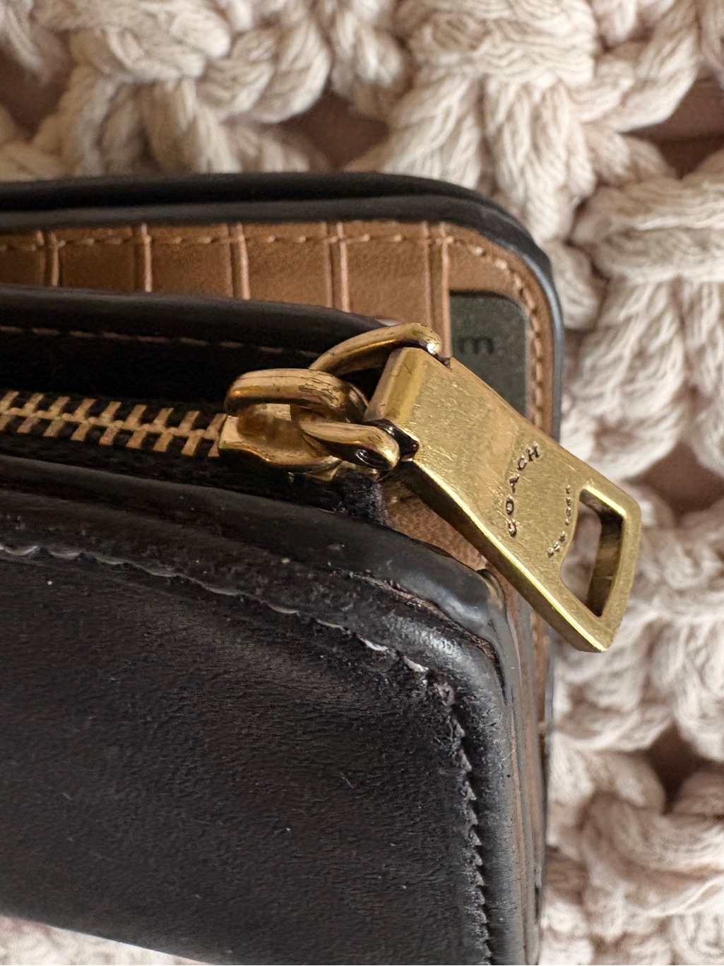 Coach Black And Brown Leather Zip Around Wallet With Brass Hardware